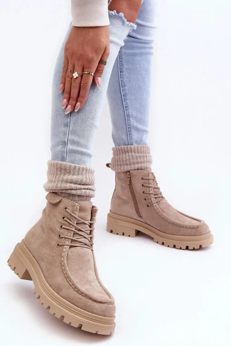 Damskie Botki Trapery Na Suwak Beżowe Apolosi