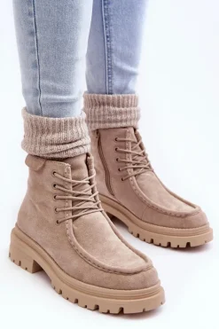 Damskie Botki Trapery Na Suwak Beżowe Apolosi