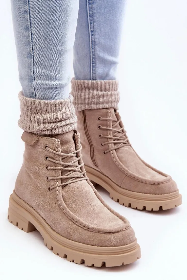 Damskie Botki Trapery Na Suwak Beżowe Apolosi