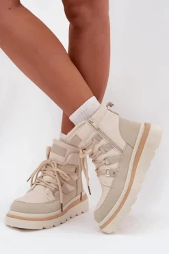 Damskie Botki Trapery Na Platformie Jasnobeżowe Liorae