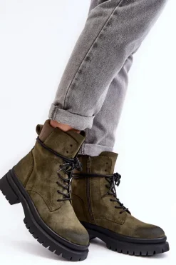 Damskie Botki Trapery Na Grubej Podeszwie Ciemnozielone Narelona