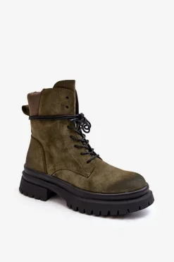 Damskie Botki Trapery Na Grubej Podeszwie Ciemnozielone Narelona