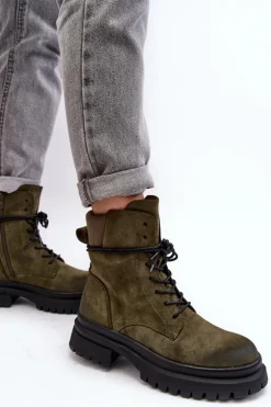 Damskie Botki Trapery Na Grubej Podeszwie Ciemnozielone Narelona