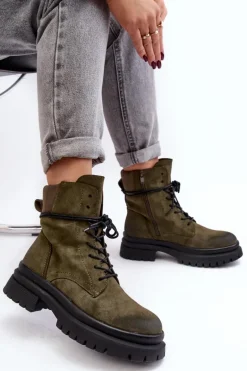 Damskie Botki Trapery Na Grubej Podeszwie Ciemnozielone Narelona