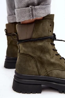 Damskie Botki Trapery Na Grubej Podeszwie Ciemnozielone Narelona