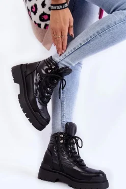 Damskie Botki Trapery Na Platformie Czarne Nerina