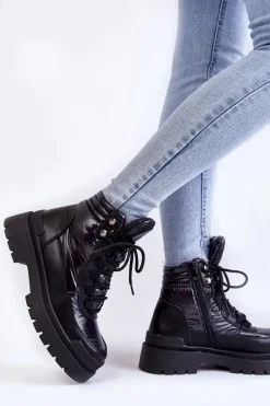 Damskie Botki Trapery Na Platformie Czarne Nerina