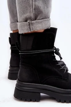 Damskie Botki Trapery Na Grubej Podeszwie Czarne Narelona