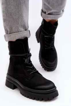 Damskie Botki Trapery Na Grubej Podeszwie Czarne Narelona