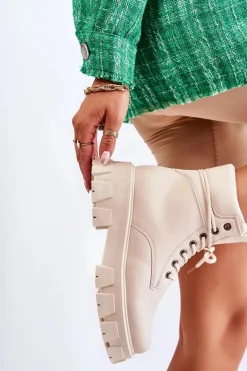 Damskie Botki Trapery Ocieplane Jasnobeżowe Flavin