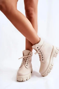 Damskie Botki Trapery Ocieplane Jasnobeżowe Flavin