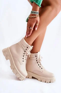 Damskie Botki Trapery Ocieplane Jasnobeżowe Flavin