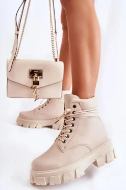 Damskie Botki Trapery Ocieplane Jasnobeżowe Flavin