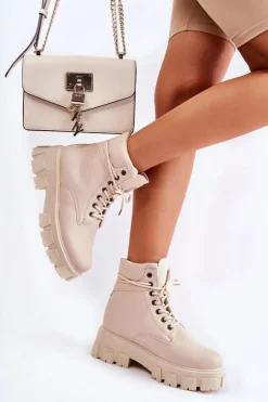 Damskie Botki Trapery Ocieplane Jasnobeżowe Flavin