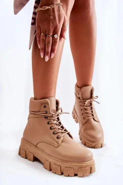 Damskie Botki Trapery Ocieplane Beżowe Flavin