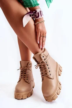 Damskie Botki Trapery Ocieplane Beżowe Flavin