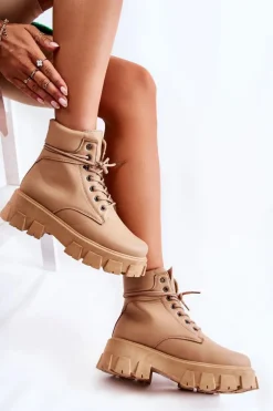 Damskie Botki Trapery Ocieplane Beżowe Flavin