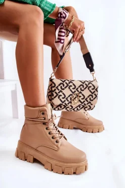 Damskie Botki Trapery Ocieplane Beżowe Flavin