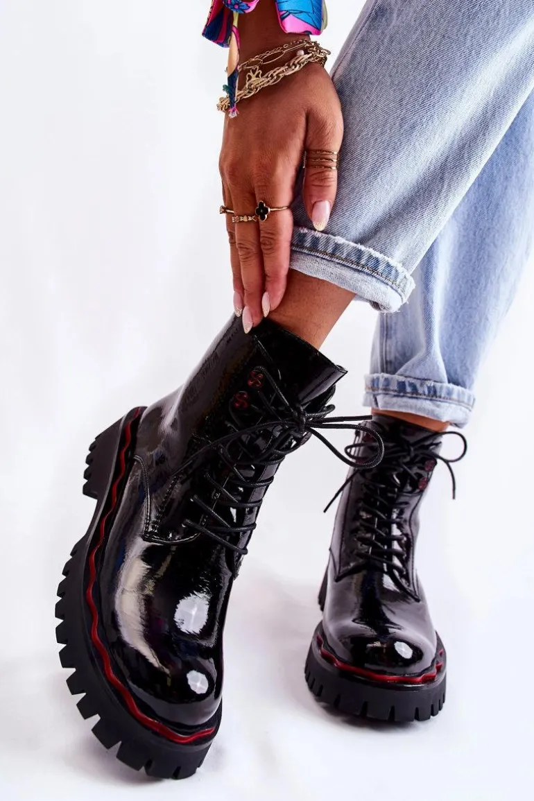 Damskie Botki Trapery Wiązane Czarne Sherill