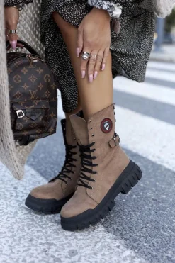 Damskie Botki Trapery Workery Brązowe Monope