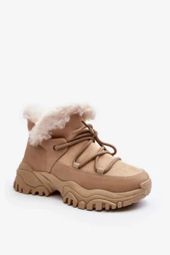 Damskie Botki Trapery Z Futerkiem Beżowe Cresandi