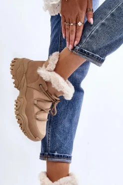 Damskie Botki Trapery Z Futerkiem Beżowe Cresandi