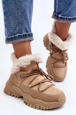 Damskie Botki Trapery Z Futerkiem Beżowe Cresandi
