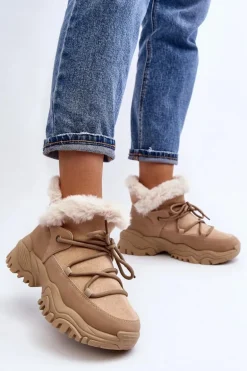 Damskie Botki Trapery Z Futerkiem Beżowe Cresandi