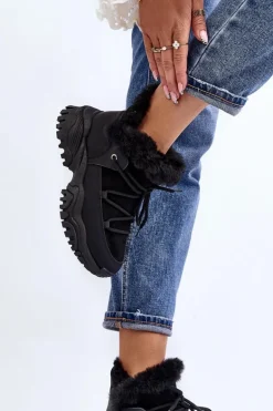 Damskie Botki Trapery Z Futerkiem Czarne Cresandi