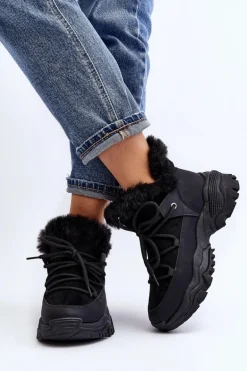 Damskie Botki Trapery Z Futerkiem Czarne Cresandi