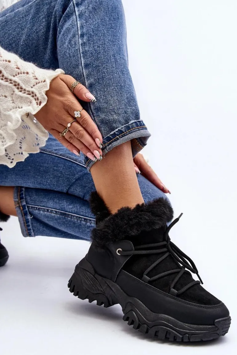 Damskie Botki Trapery Z Futerkiem Czarne Cresandi