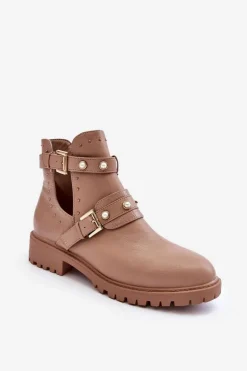 Damskie Botki Trapery Z Perełkami Beżowe Klarisa