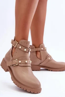 Damskie Botki Trapery Z Perełkami Beżowe Klarisa