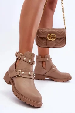 Damskie Botki Trapery Z Perełkami Beżowe Klarisa