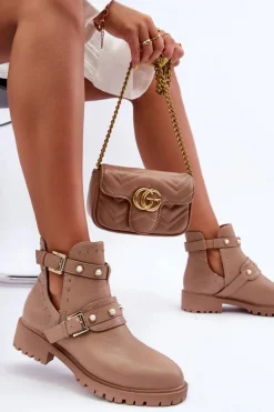 Damskie Botki Trapery Z Perełkami Beżowe Klarisa