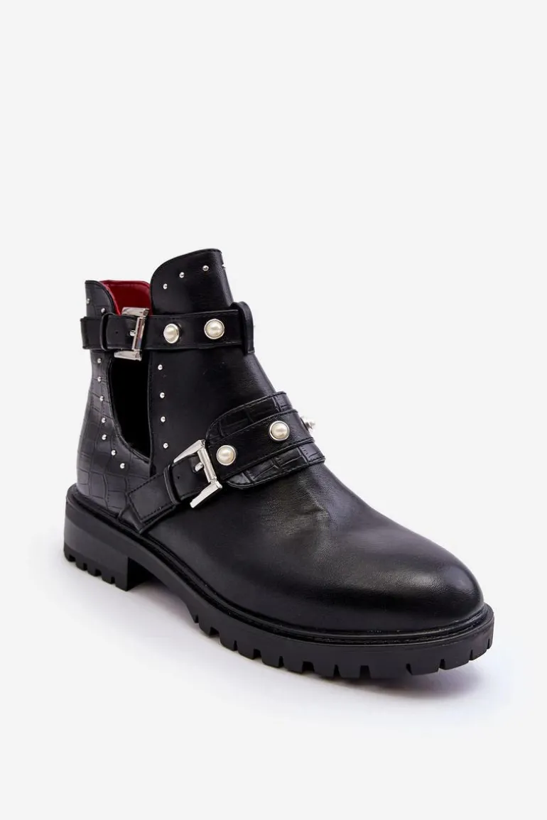 Damskie Botki Trapery Z Perełkami Czarne Klarisa