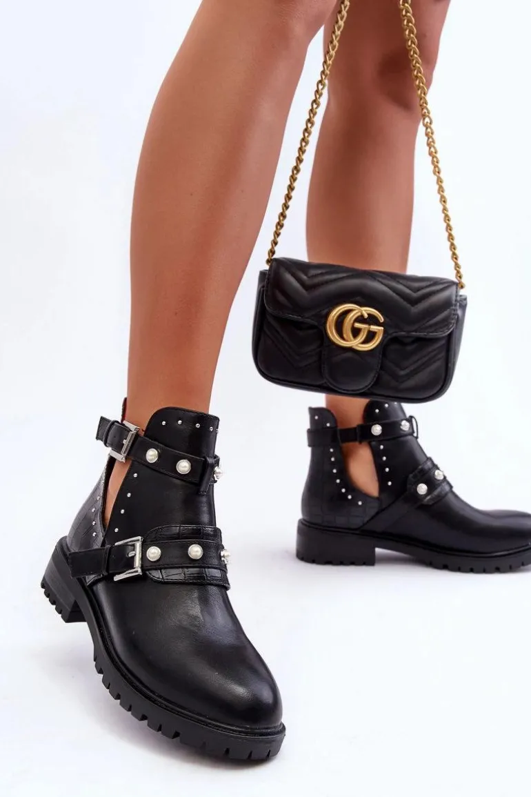 Damskie Botki Trapery Z Perełkami Czarne Klarisa