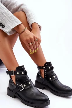 Damskie Botki Trapery Z Perełkami Czarne Klarisa