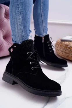 Damskie Botki Workery Big Star Skórzane Czarne EE274508