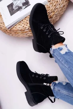 Damskie Botki Workery Big Star Skórzane Czarne EE274508