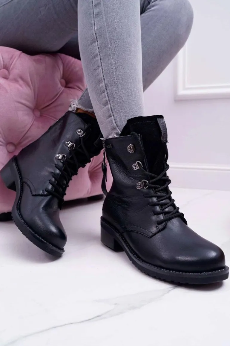 Damskie Botki Workery Big Star Skórzane Czarne EE274506