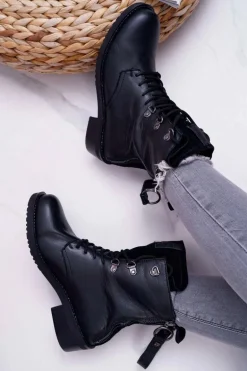 Damskie Botki Workery Big Star Skórzane Czarne EE274506