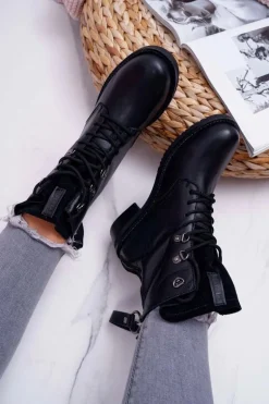 Damskie Botki Workery Big Star Skórzane Czarne EE274506