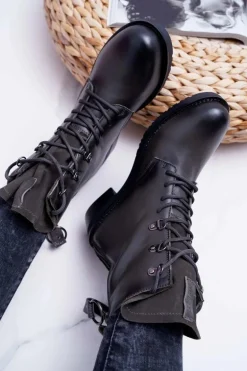 Damskie Botki Workery Big Star Skórzane Szare EE274507