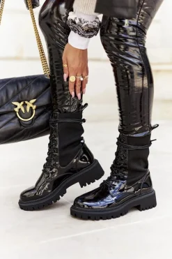 Damskie Botki Workery Lakierowane Czarne Maxine