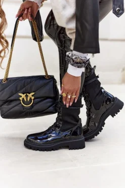 Damskie Botki Workery Lakierowane Czarne Maxine