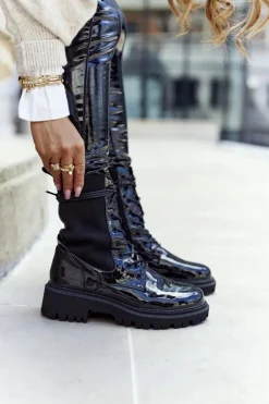 Damskie Botki Workery Lakierowane Czarne Maxine