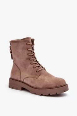 Damskie Botki Workery Na Suwak Ciemnobeżowe Ninsuni