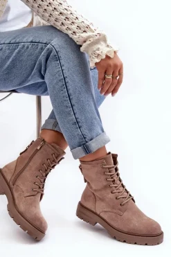 Damskie Botki Workery Na Suwak Ciemnobeżowe Ninsuni