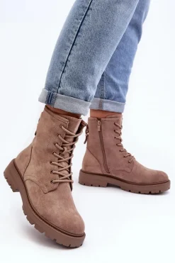 Damskie Botki Workery Na Suwak Ciemnobeżowe Ninsuni